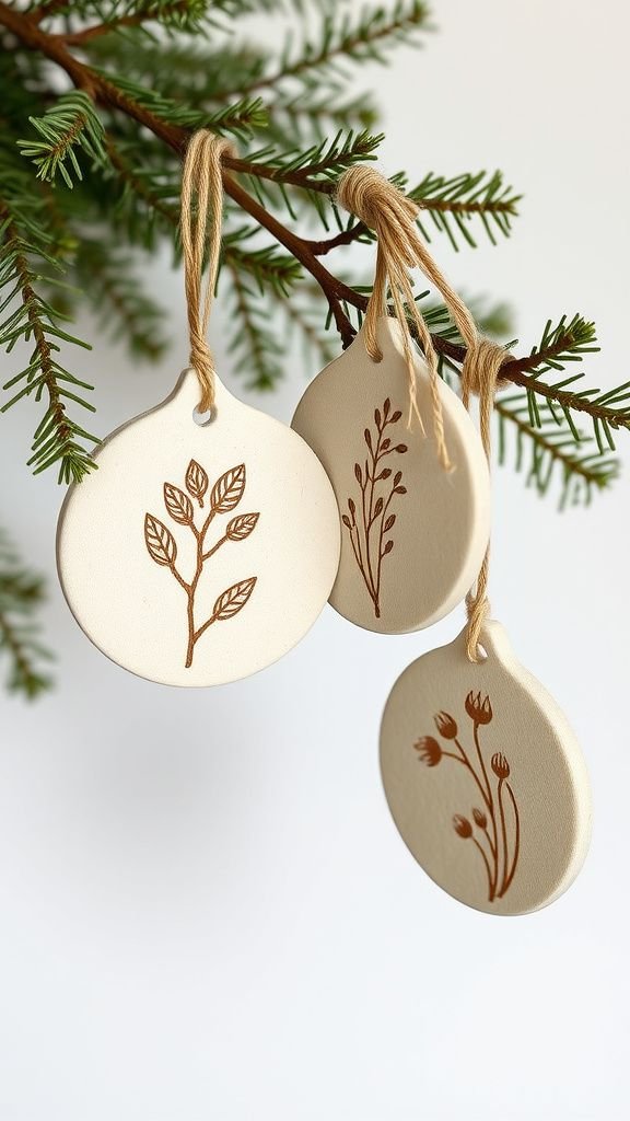Holiday ornaments with pressed botanical motifs
