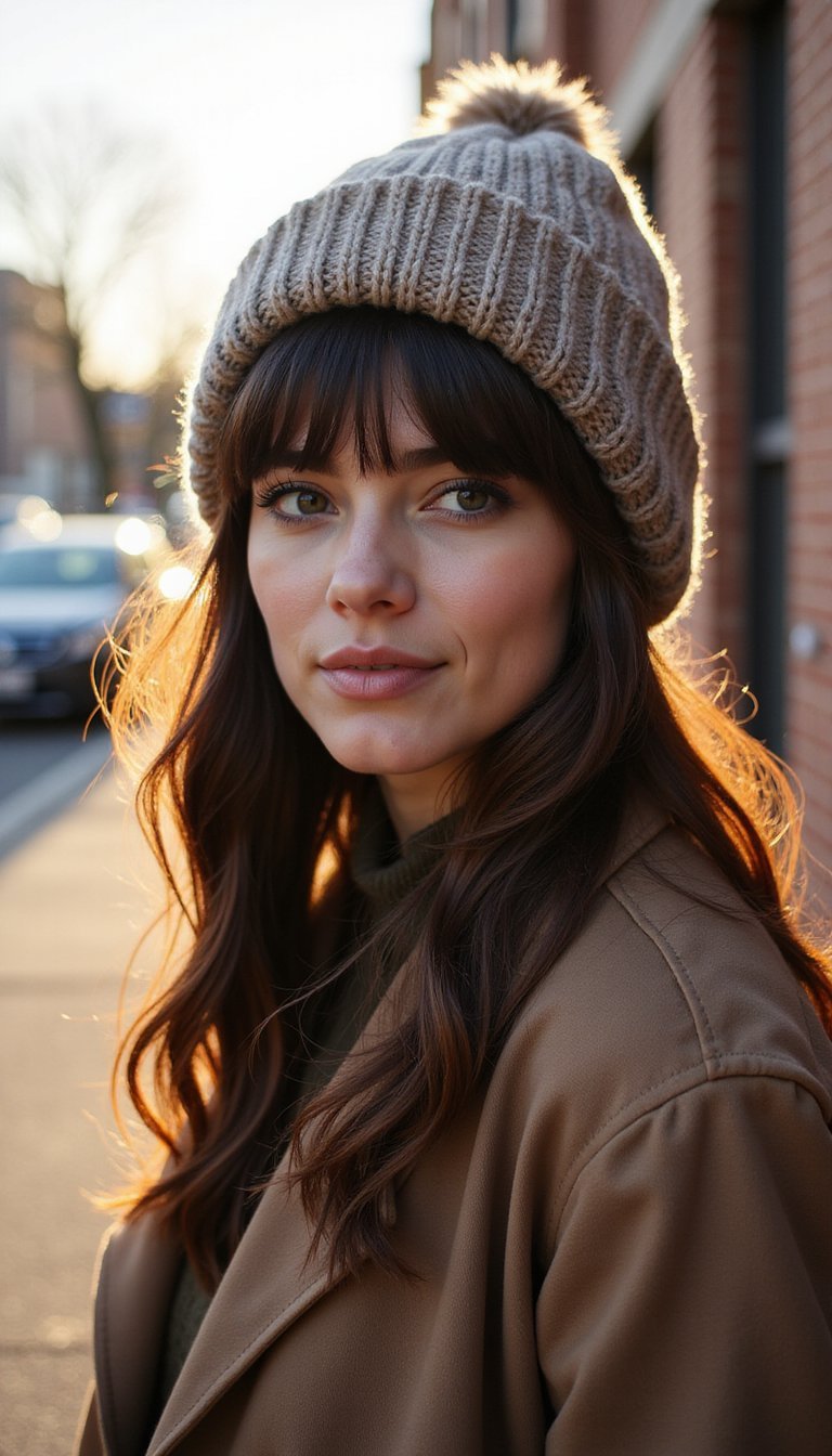 Curtain Bangs Peeking From Beanie Brim