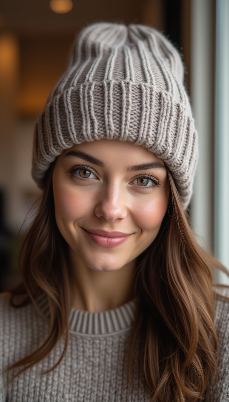 Sleek Center-Parted Hair Under Cozy Knit Beanie