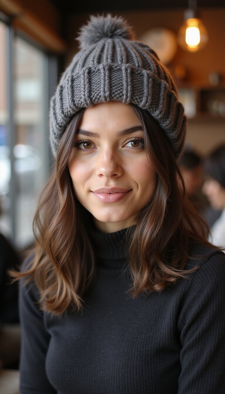 Sleek Lob Tucked Neatly Into A Beanie