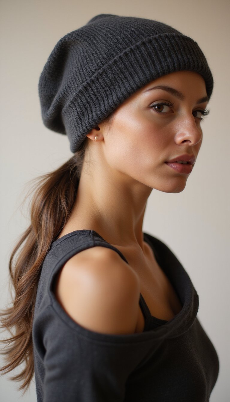 Sleek Low Pony For Slippery Beanie Days