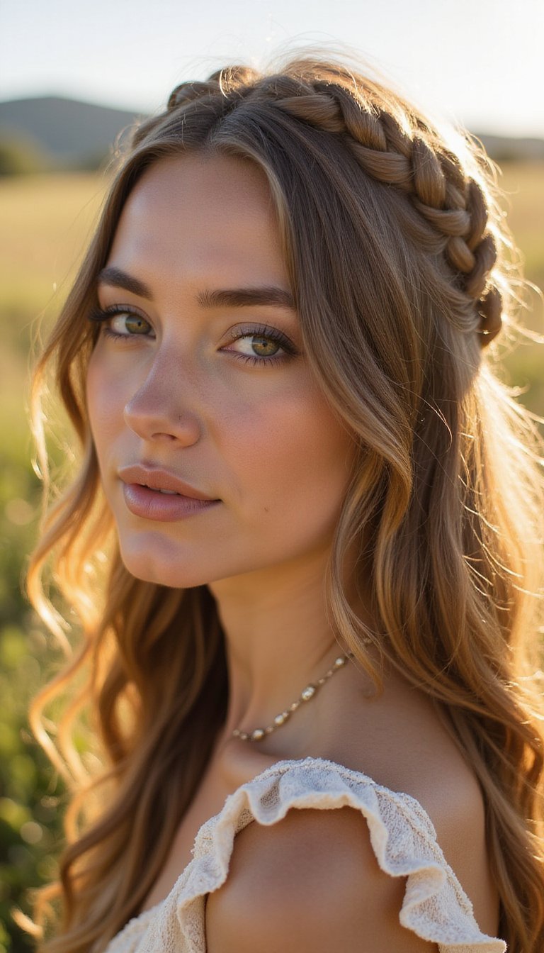 Braided Crown With Ribbon And Loose Beachy Waves