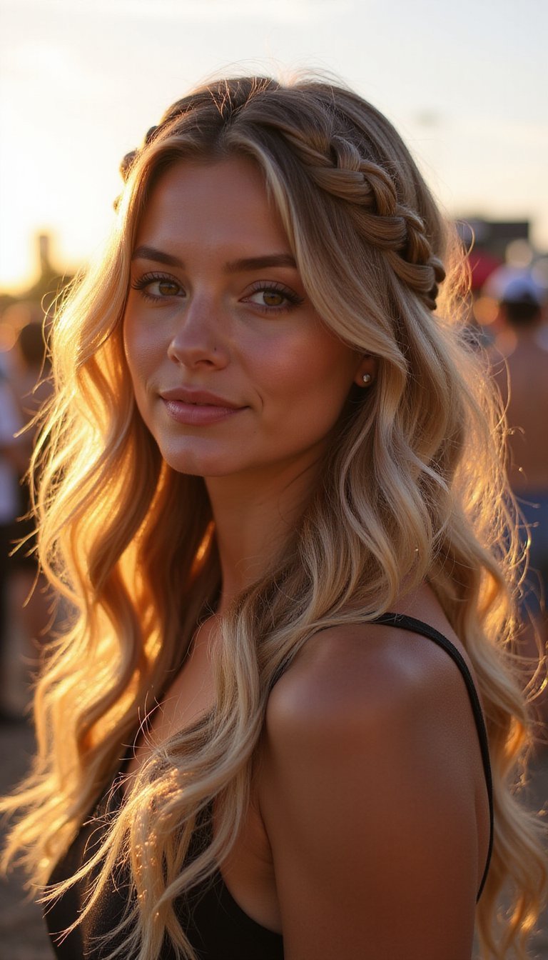 Half-Up Waterfall Braid With Sunburst Highlights