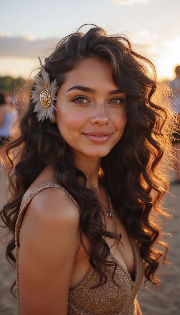 Layered Boho Curls With Statement Feather Clips