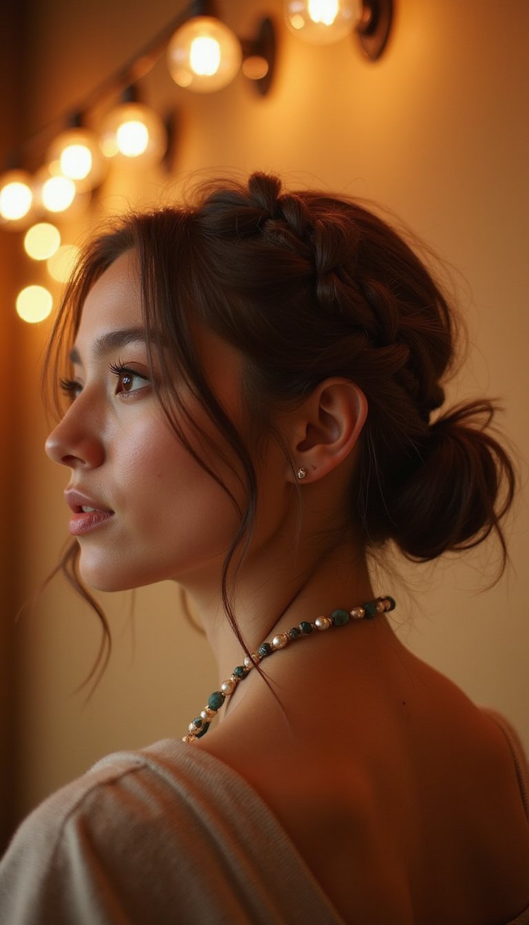 Low Messy Bun With Face-Framing Braids And Beads