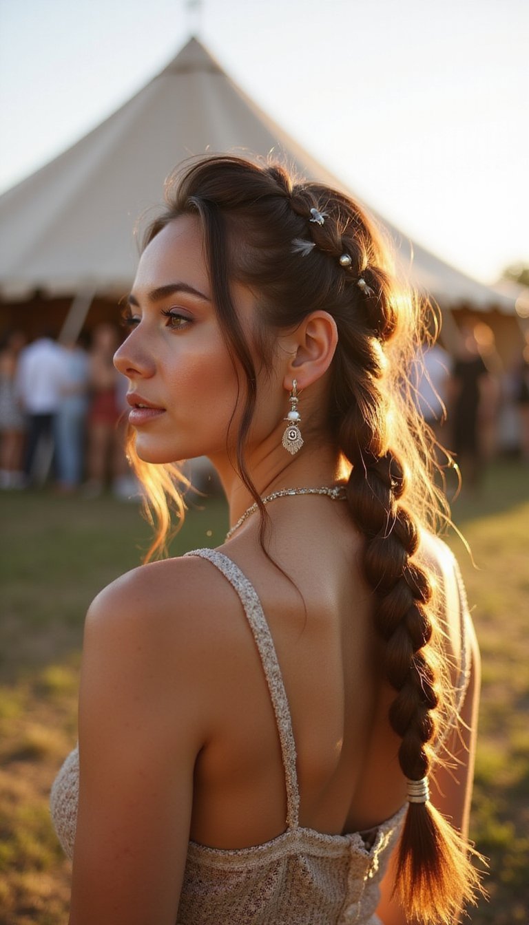 Messy Fishtail With Beads And Tiny Feathers