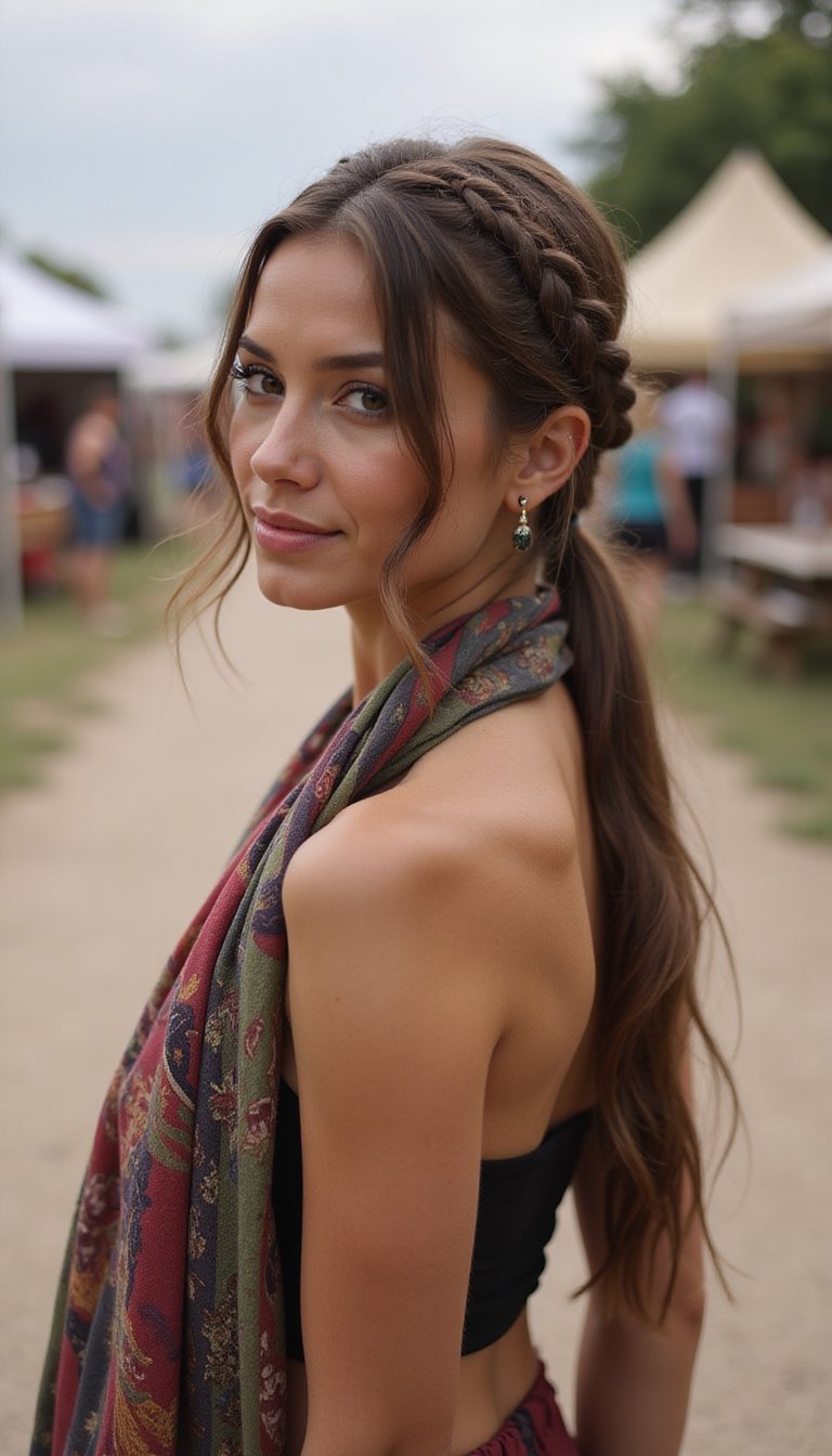 Sleek Low Pony With Braided Accent And Scarf Wrap