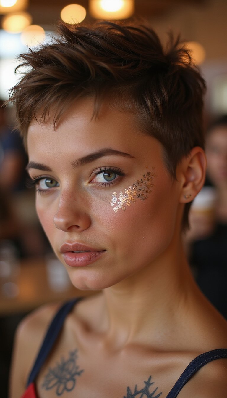 Tousled Pixie With Temporary Metallic Hair Tattoos
