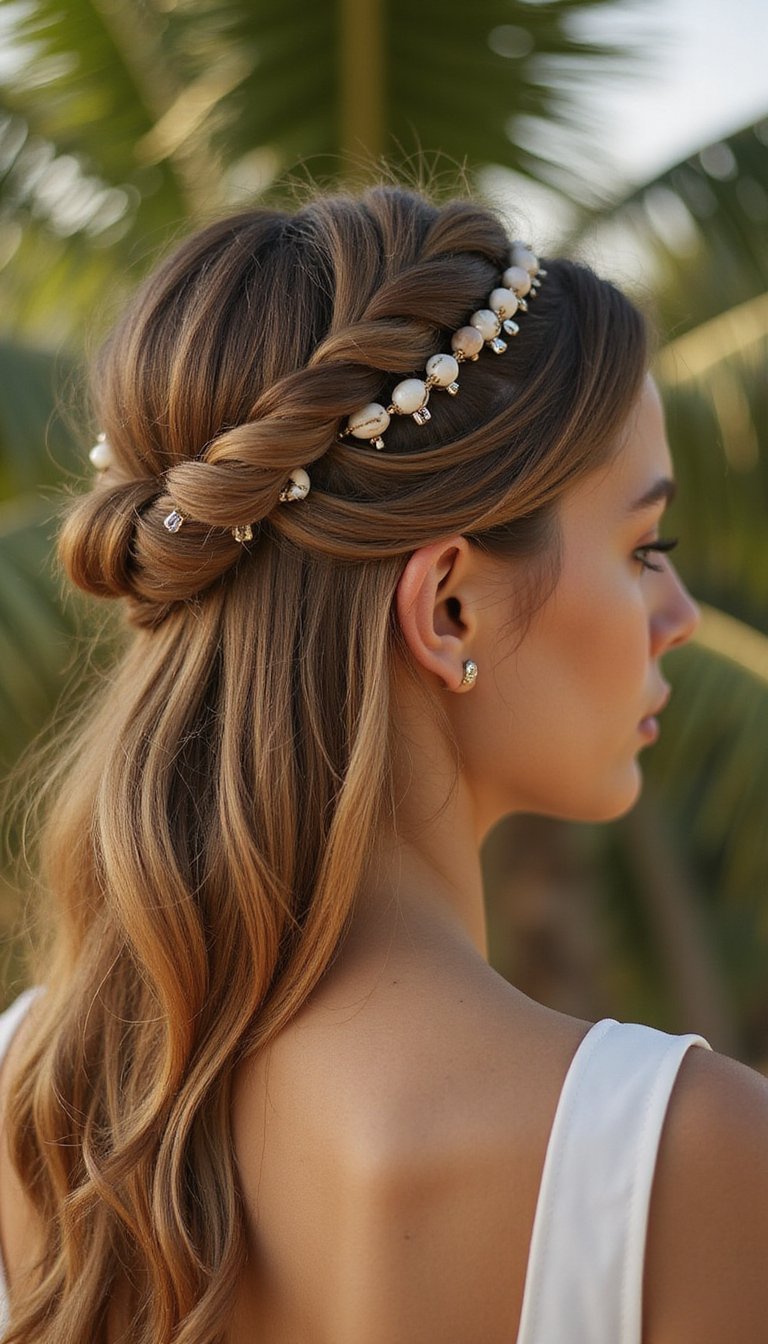 Twisted Half-Up With Shell Jewelry And Tiny Clips