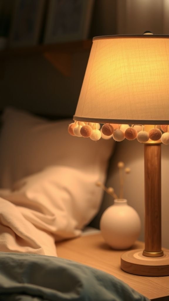 Lampshade fringe with pom pom trim for bedside lamp