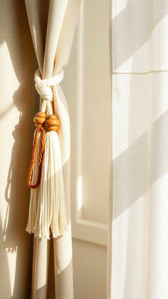 Tassel curtain tiebacks with wooden bead accents