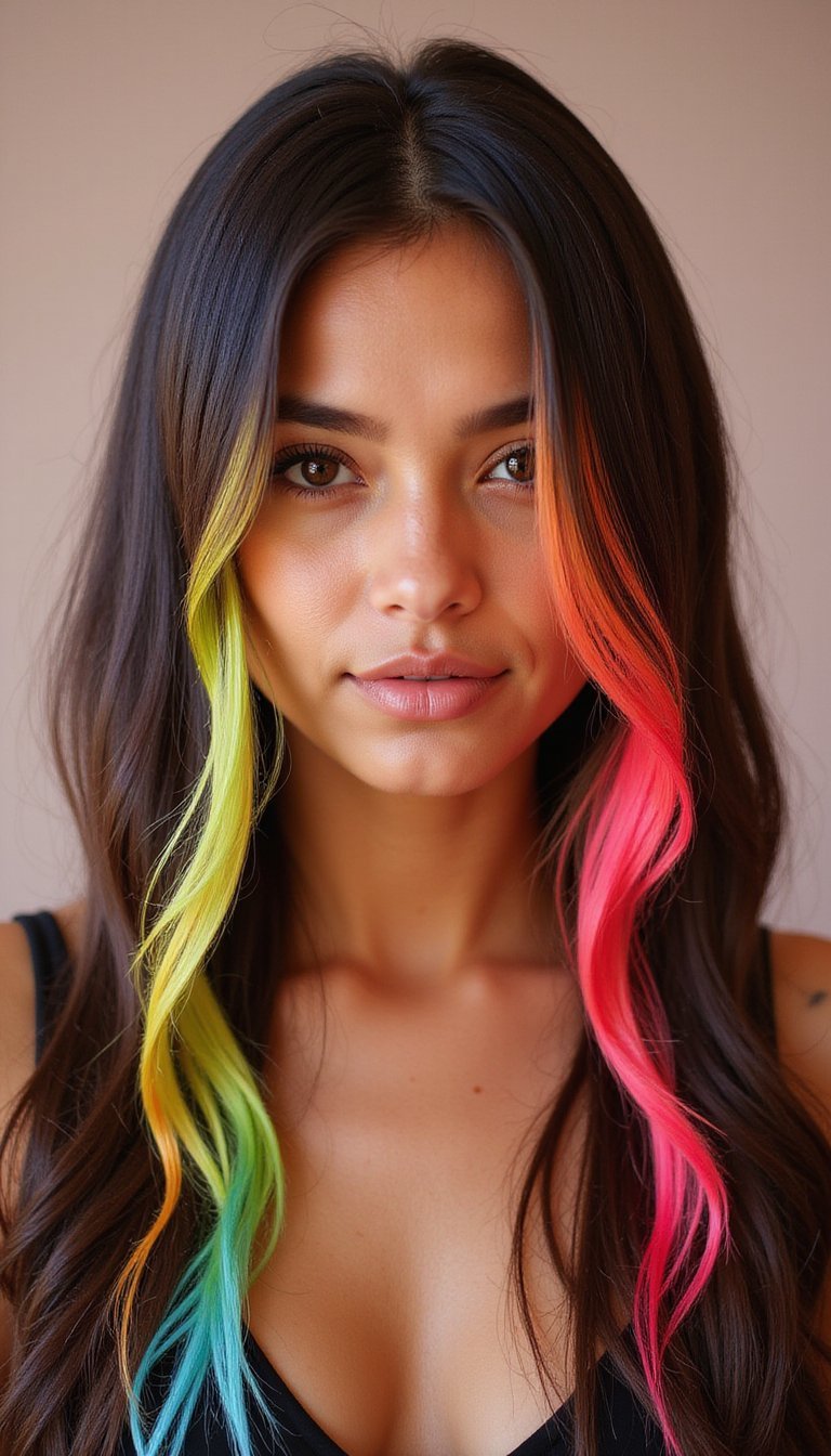 Bold Color Streaks Over Sleek Straight Hair
