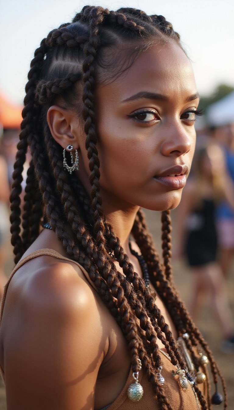 Chunky Cornrows With Metallic Thread And Charms