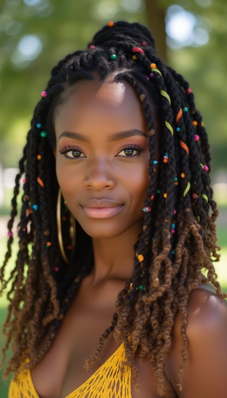 Faux Locs Wrapped In Colorful Threads
