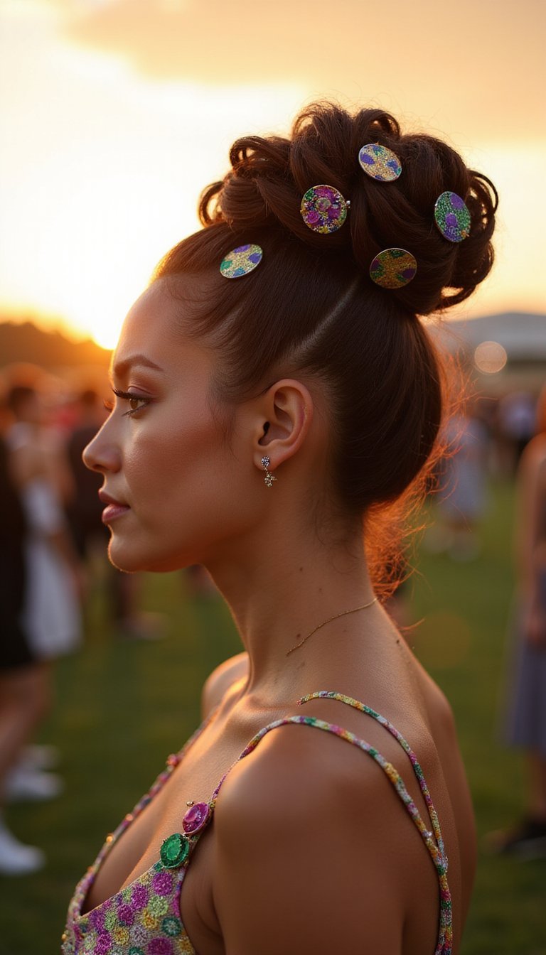 High Textured Bun Pinned With Mardi Gras Pins