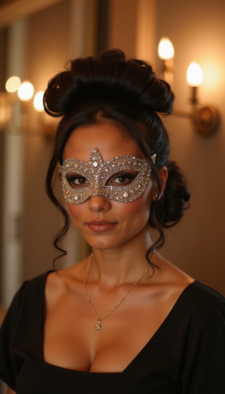 Masked-Up Rolled Updo With Rhinestone Pins