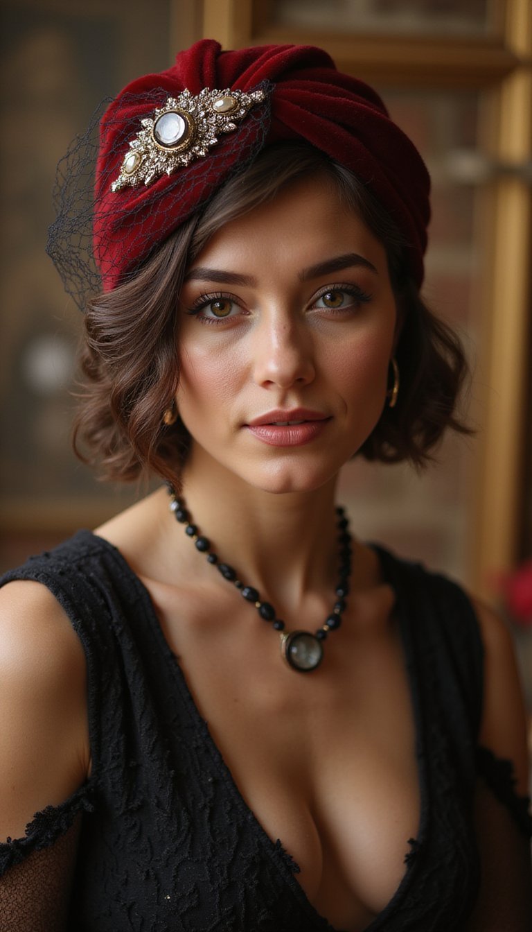 Velvet Turban Knot With Brooch And Veil