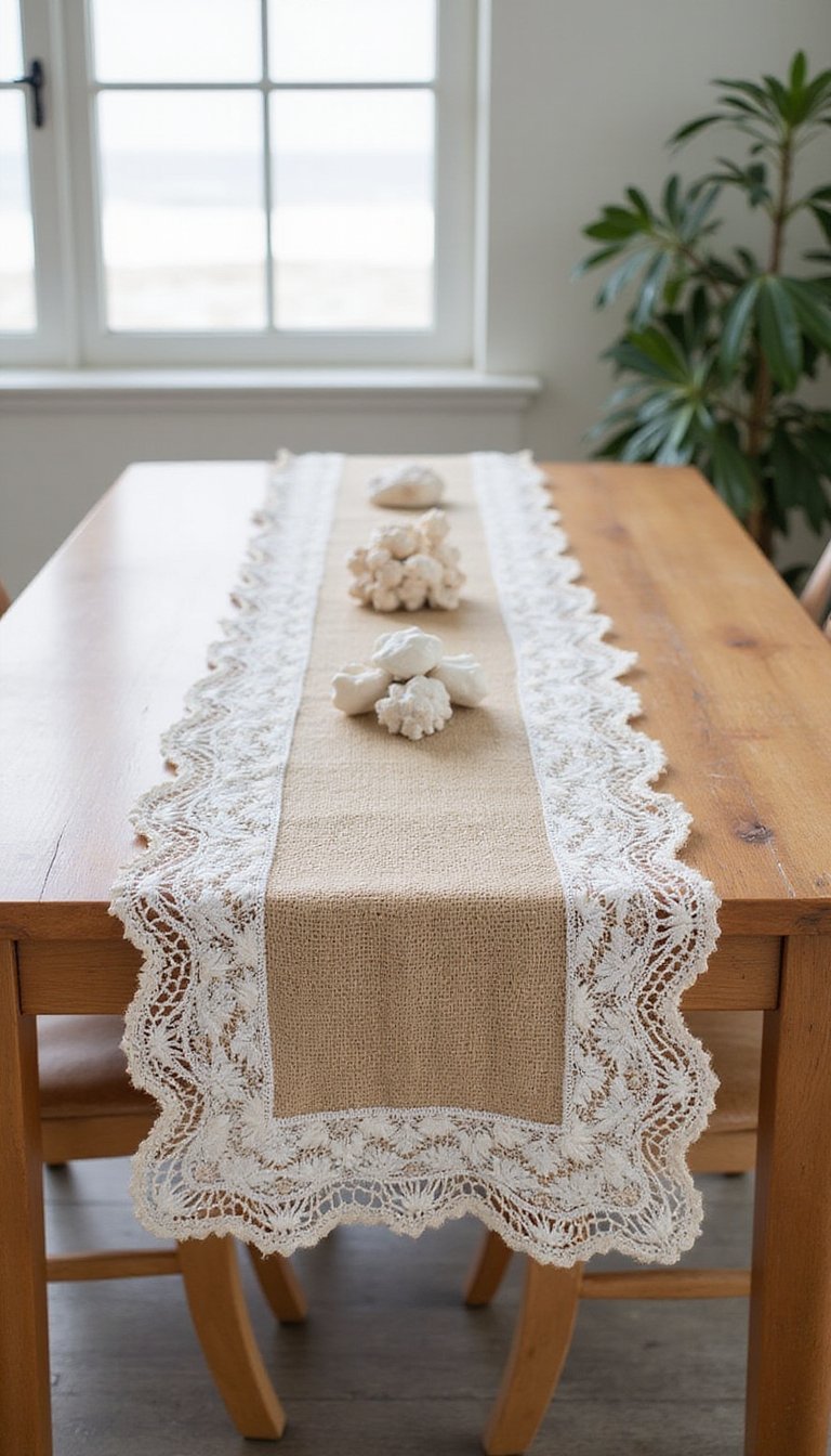 Jute and lace runner with beachy shells
