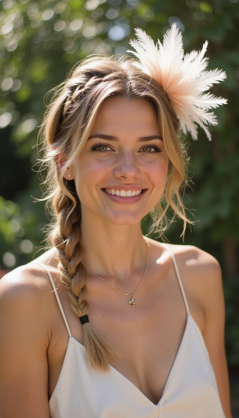 Braided Crown With Feathered Fascinator Accent