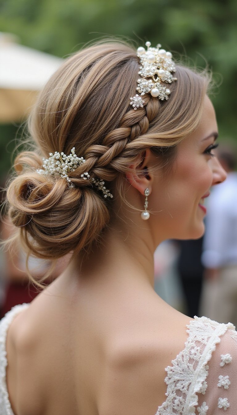 Braided Low Bun With Pearl Pin Embellishments