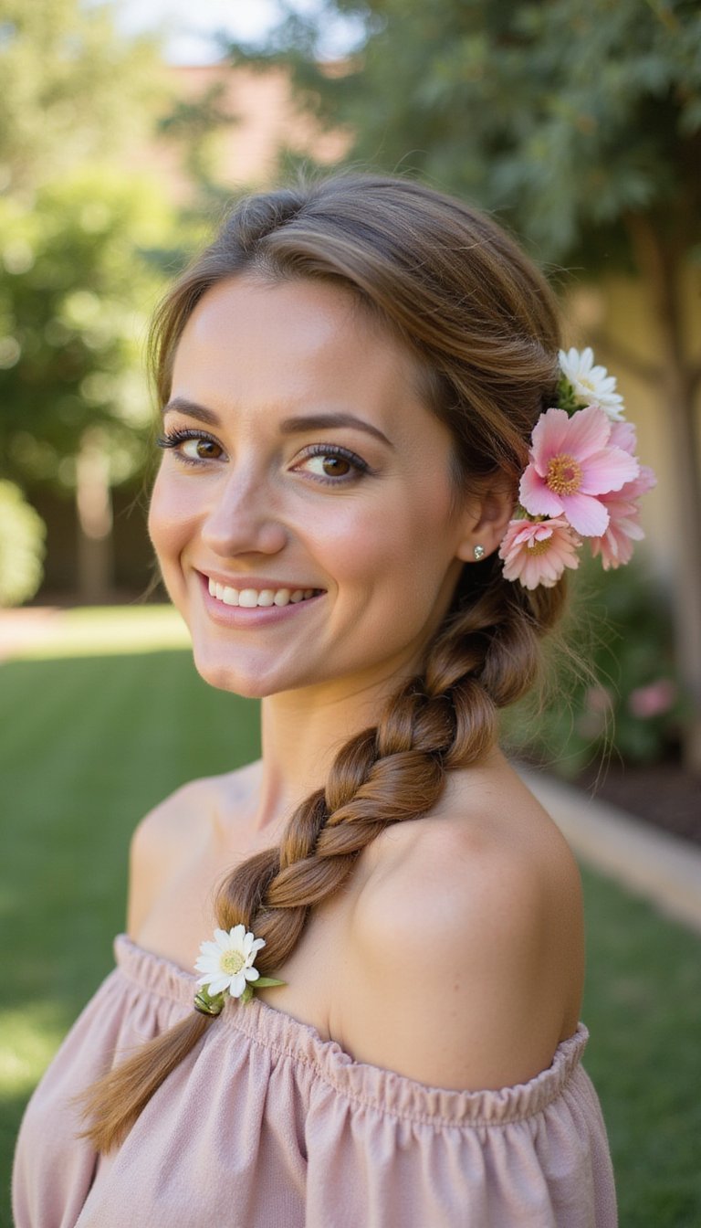 Fishtail Side Braid With Floral Fascinator Accent