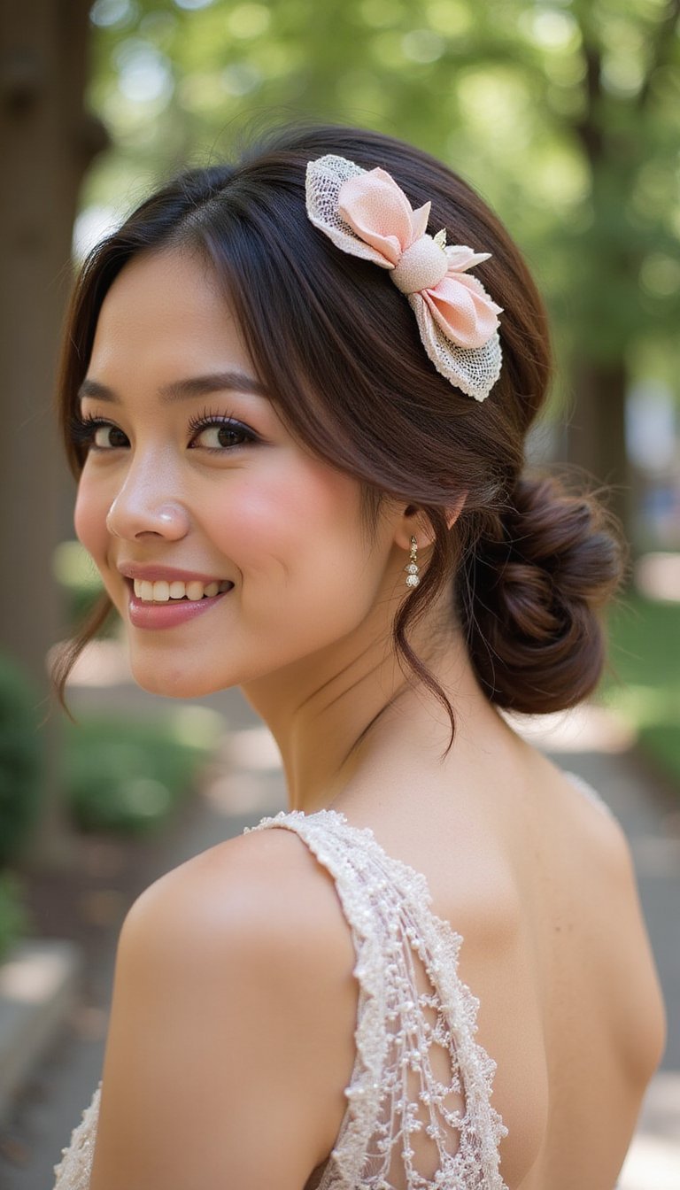 Low Chignon With Side-Swept Fascinator Placement
