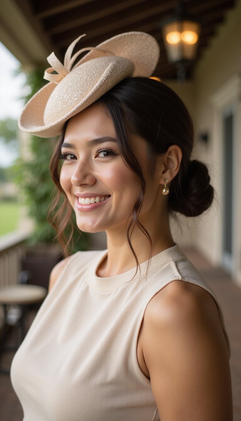 Sleek Low Bun With Sleek Fascinator Attachment