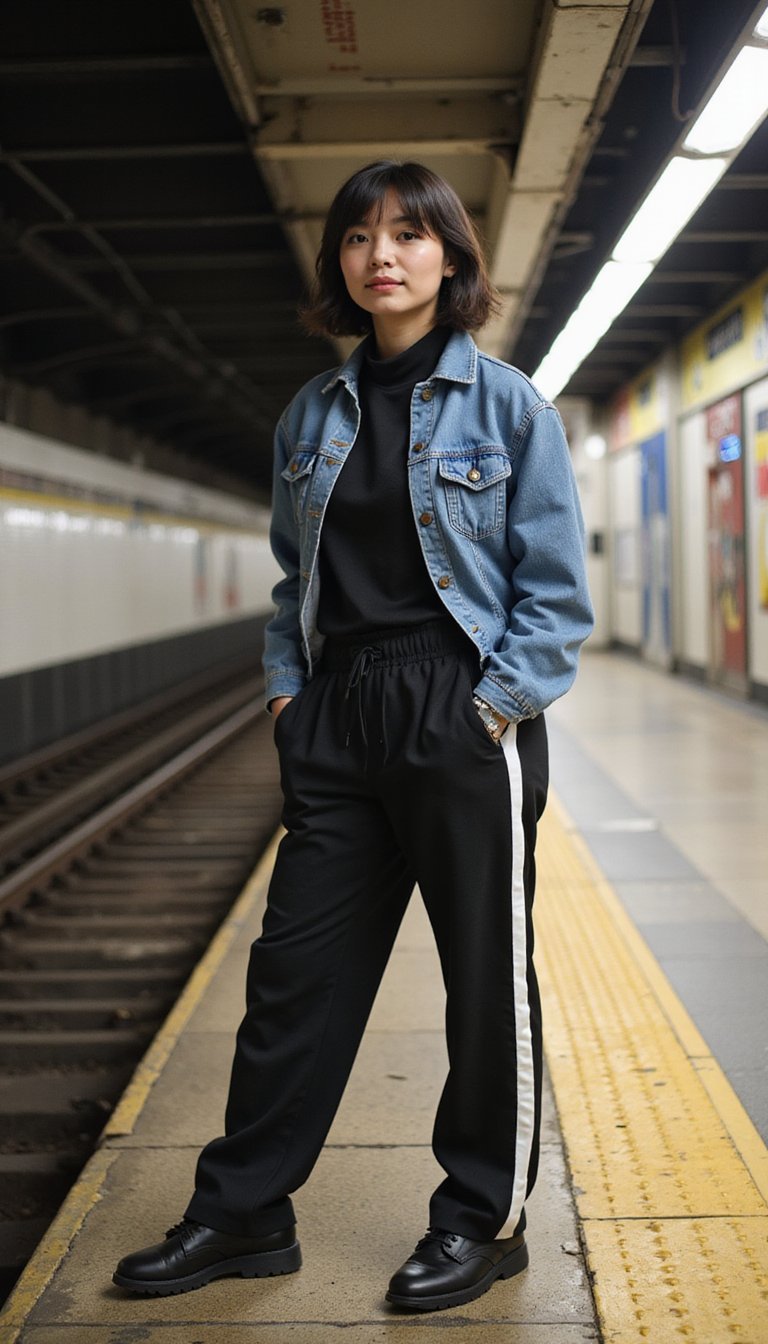 Denim Jacket over Athleisure Tracksuit