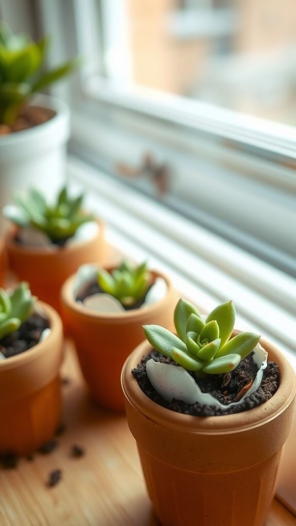Tiny terracotta pots with eggshell succulents