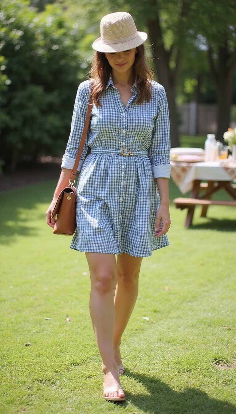 Gingham Shirt Dress and Sundress Hat