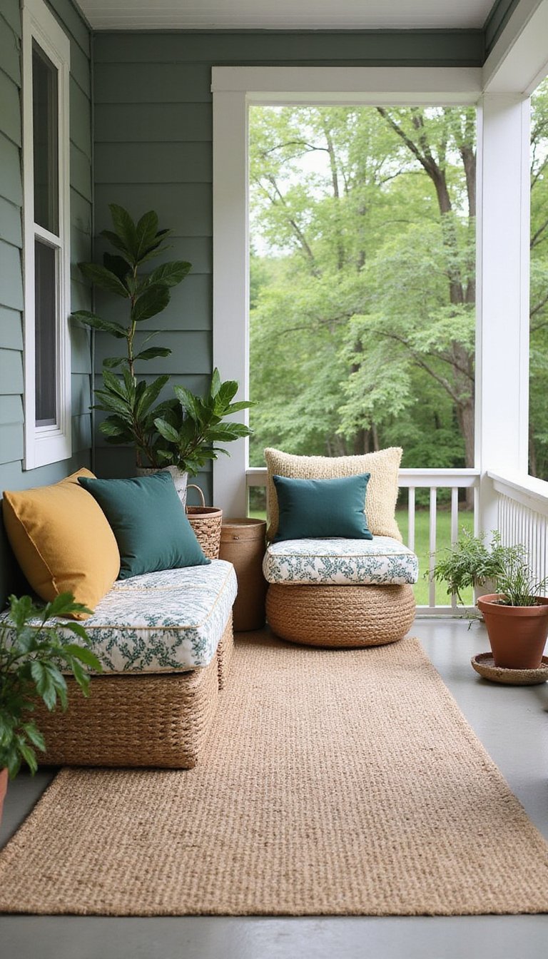 Cozy rug and cushion layering for warmth