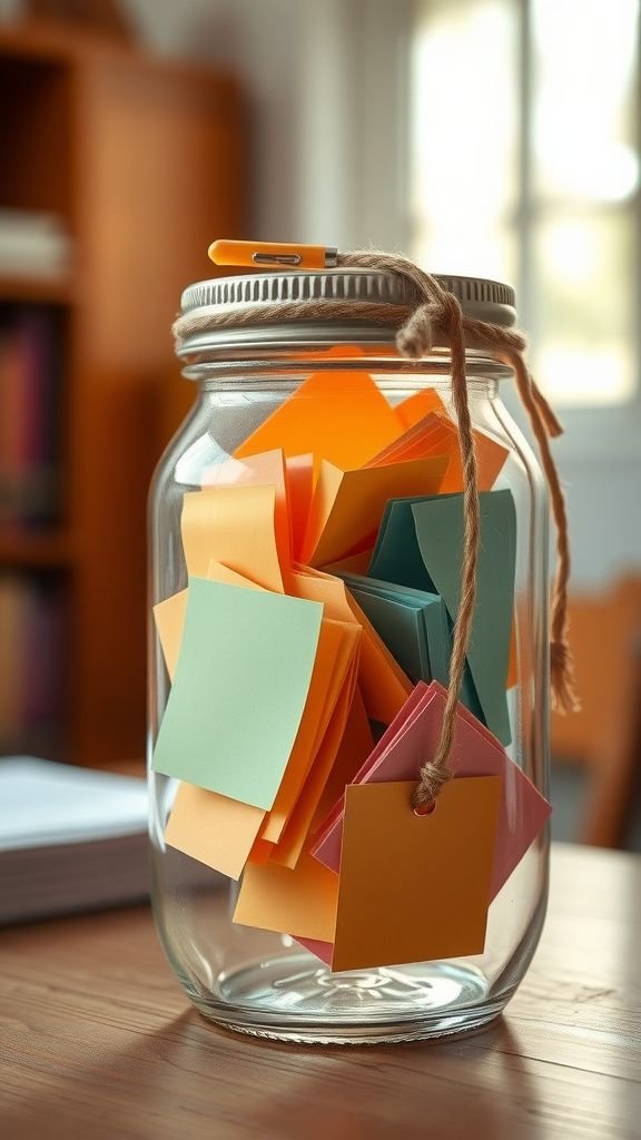 A gratitude jar with a handwritten note
