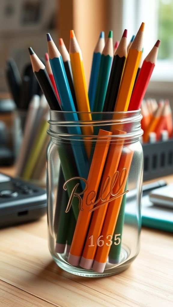 Mason jar desk supply holder with painted rim