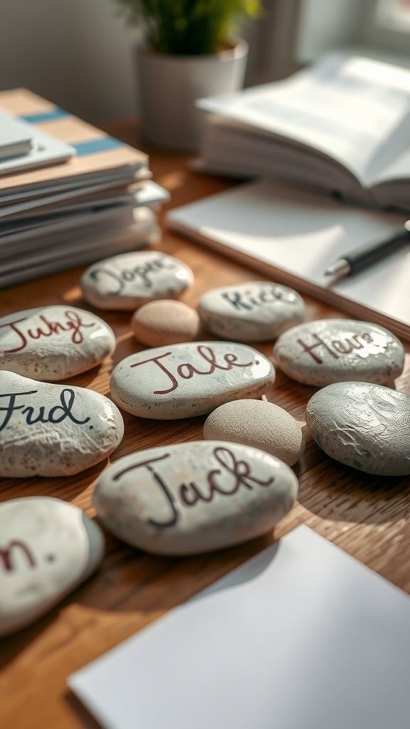 Painted pebble name holders with gentle curves