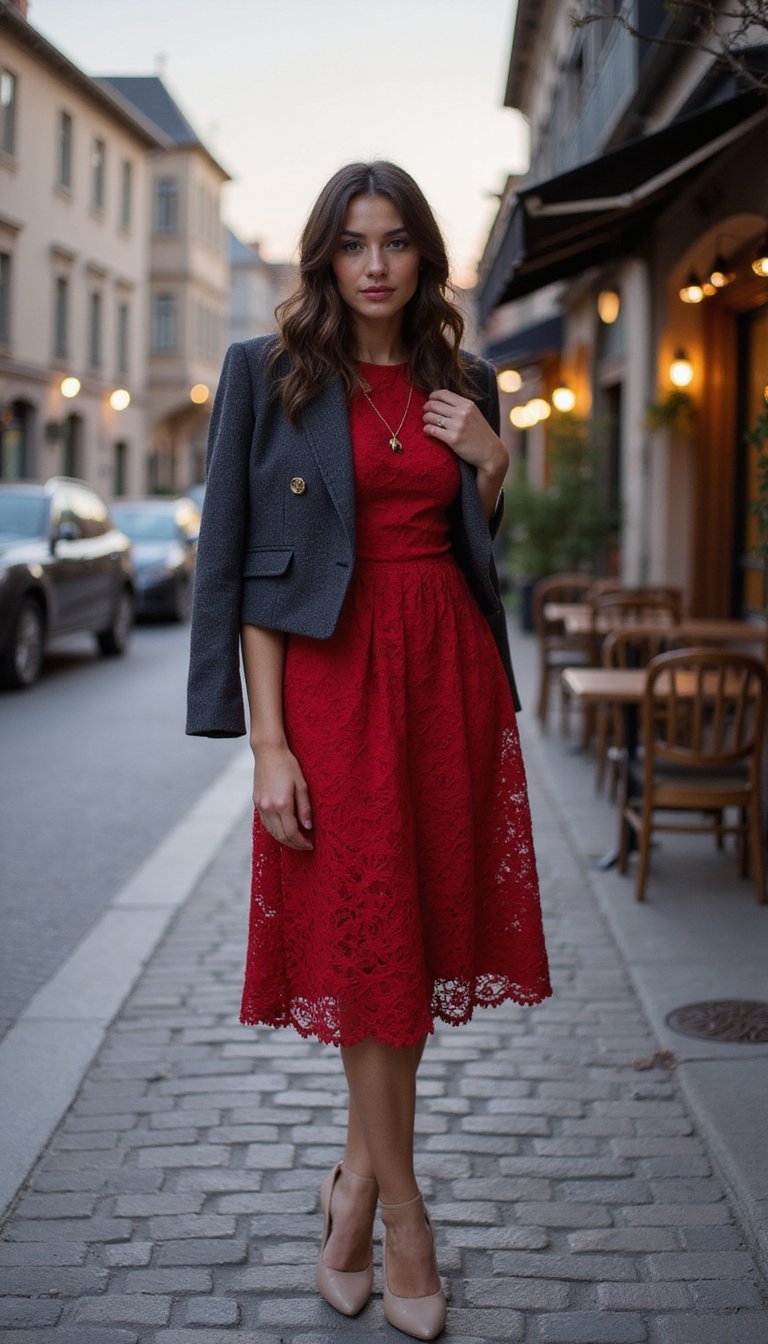 Red Lace Midi Dress Ensemble