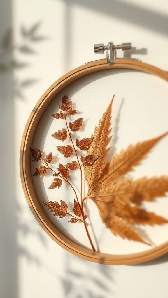 Botanical shadowbox: leaf silhouettes wrapped in hoop