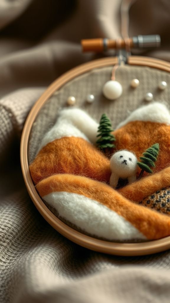 Needlefelted miniature scene nestled in a hoop
