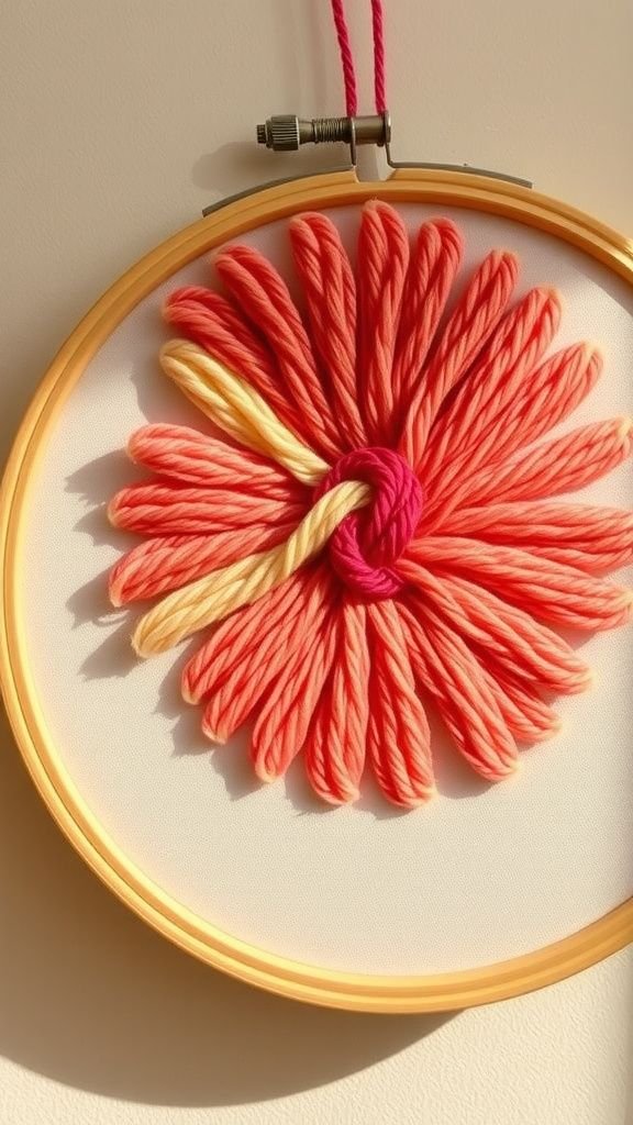 Ombre yarn radiating from a hoop center