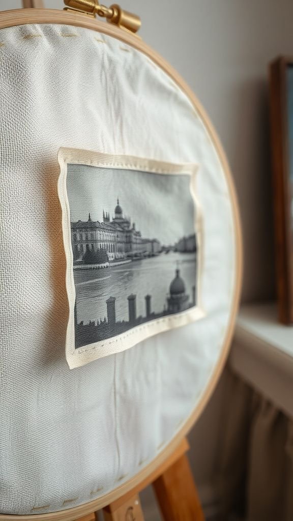 Photo transfer on fabric framed in an embroidery hoop