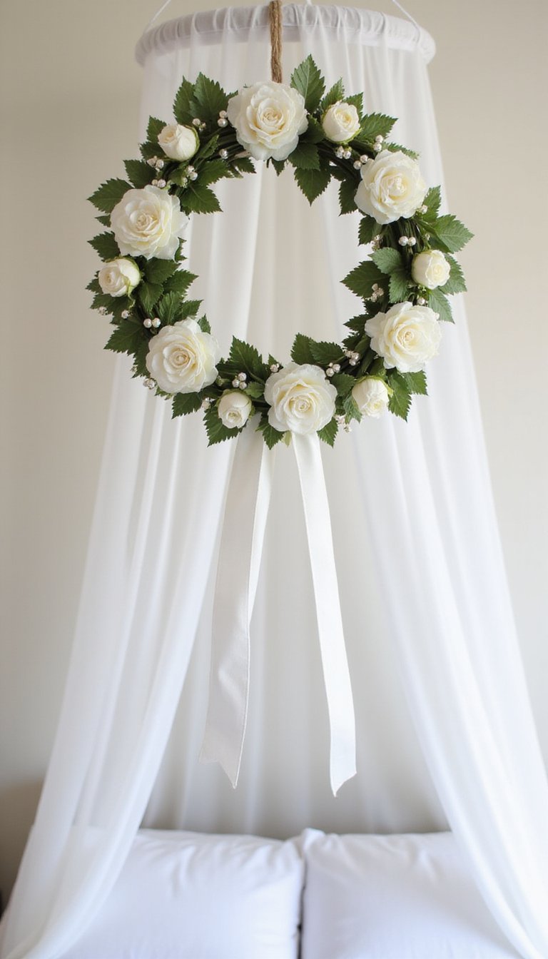 Bridal-inspired white blossom wreath for bed canopy