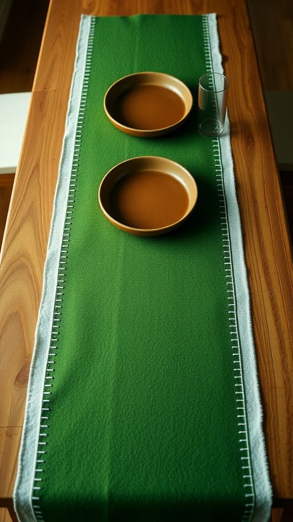 Field-patterned table runner that grounds the spread