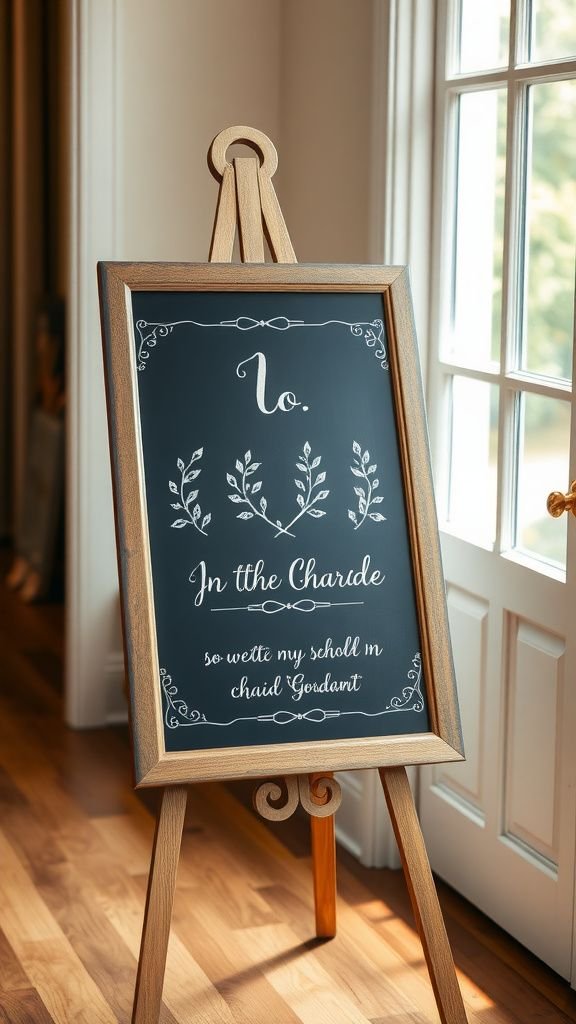 Chalkboard sign with hand-lettered schedule