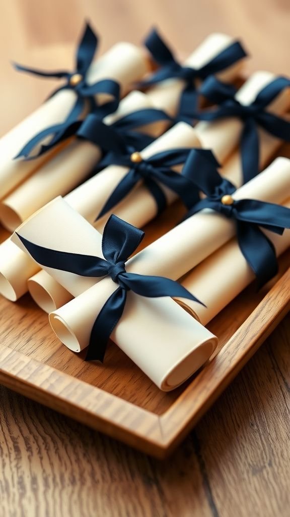 Mini diploma scroll party favors with ribbon