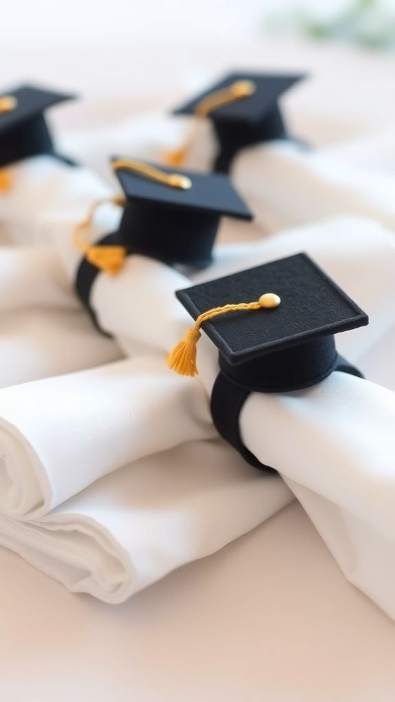 Napkin rings shaped like tiny graduation caps