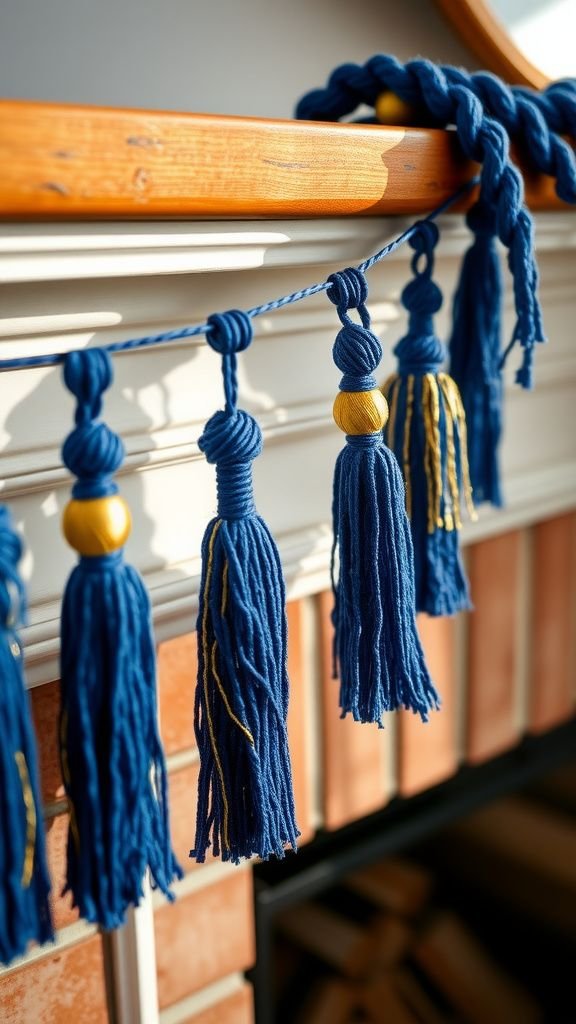 Tassel garland in school colors down the mantel