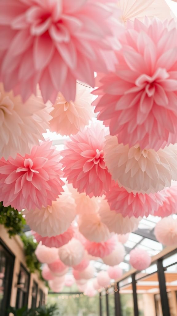 Tissue pom-pom ceiling clouds for overhead color