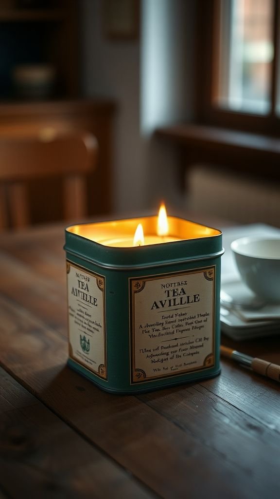 Upcycled tea tin turned into a candle holder