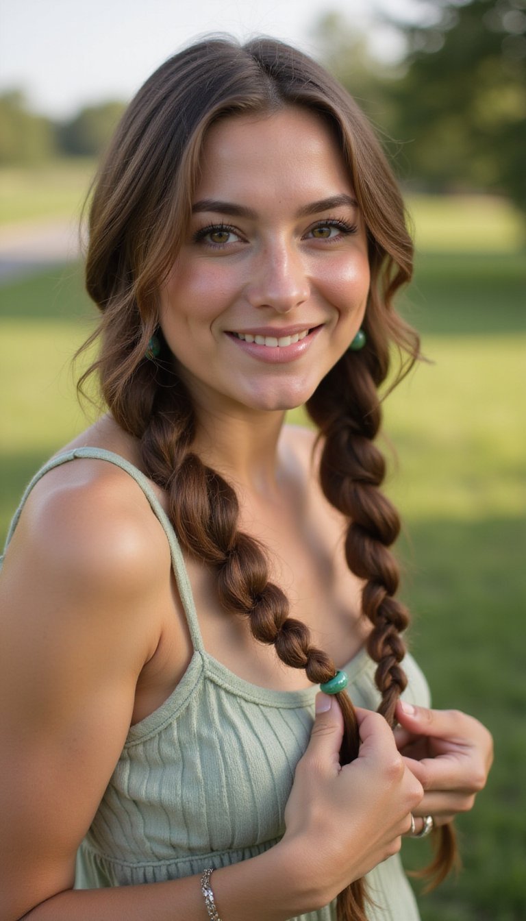 Bohemian Loose Dutch Braid With Green Beads