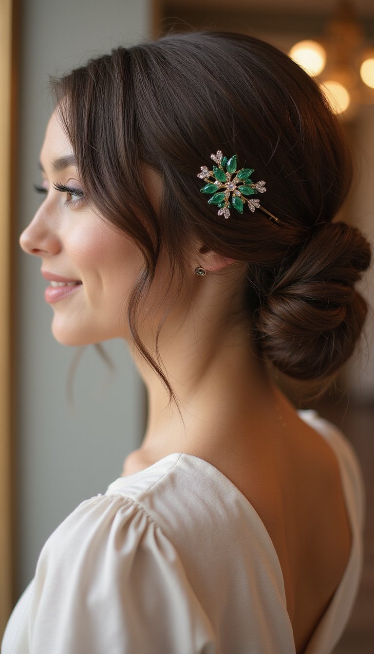 Classic Chignon With Emerald Hairpin Cluster
