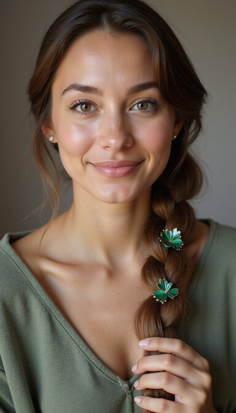 Emerald Braids With Delicate Shamrock Pins